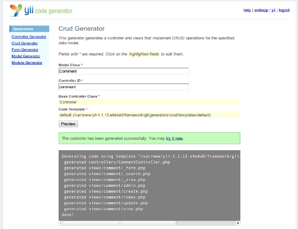 Yii-code-generator